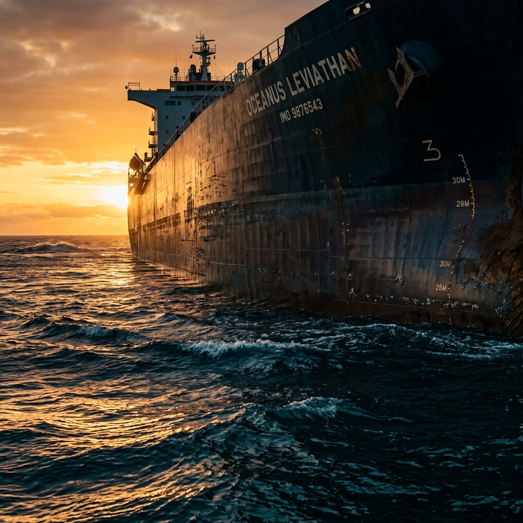 A close-up side angle of a massive steel tanker hull cutting through deep ocean waters at golden hour