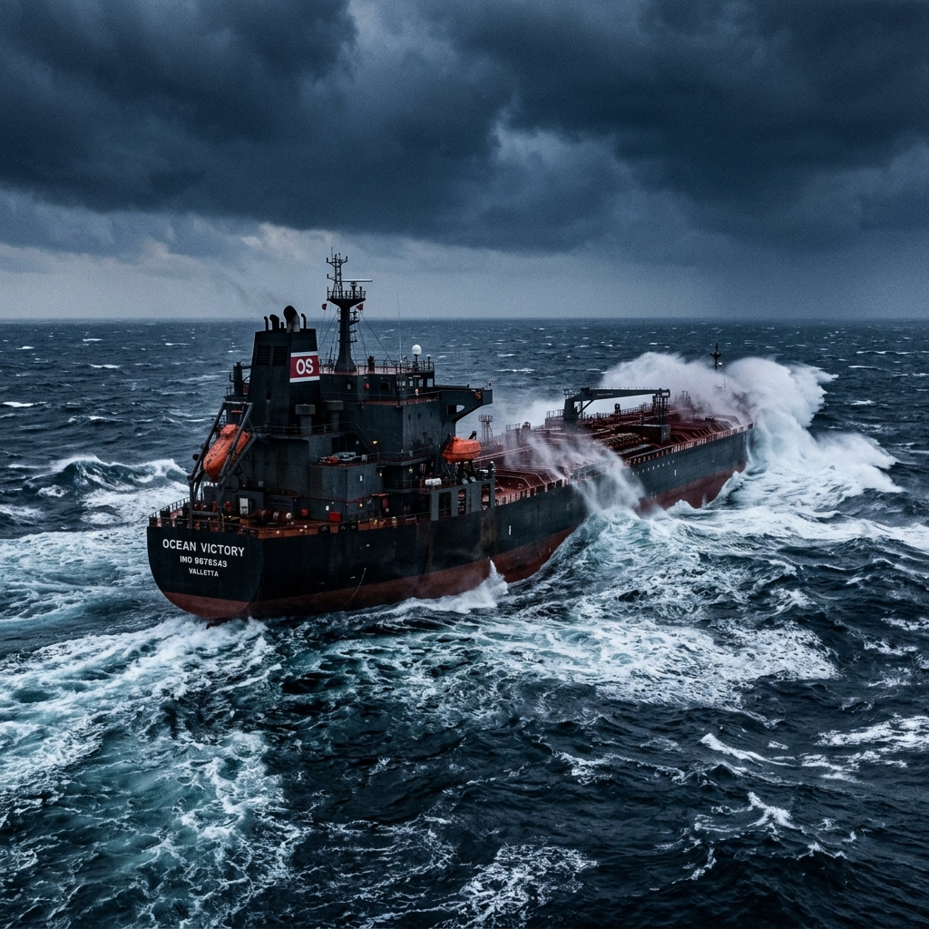 An Aframax cargo ship negotiating heavy crashing waves on open seas