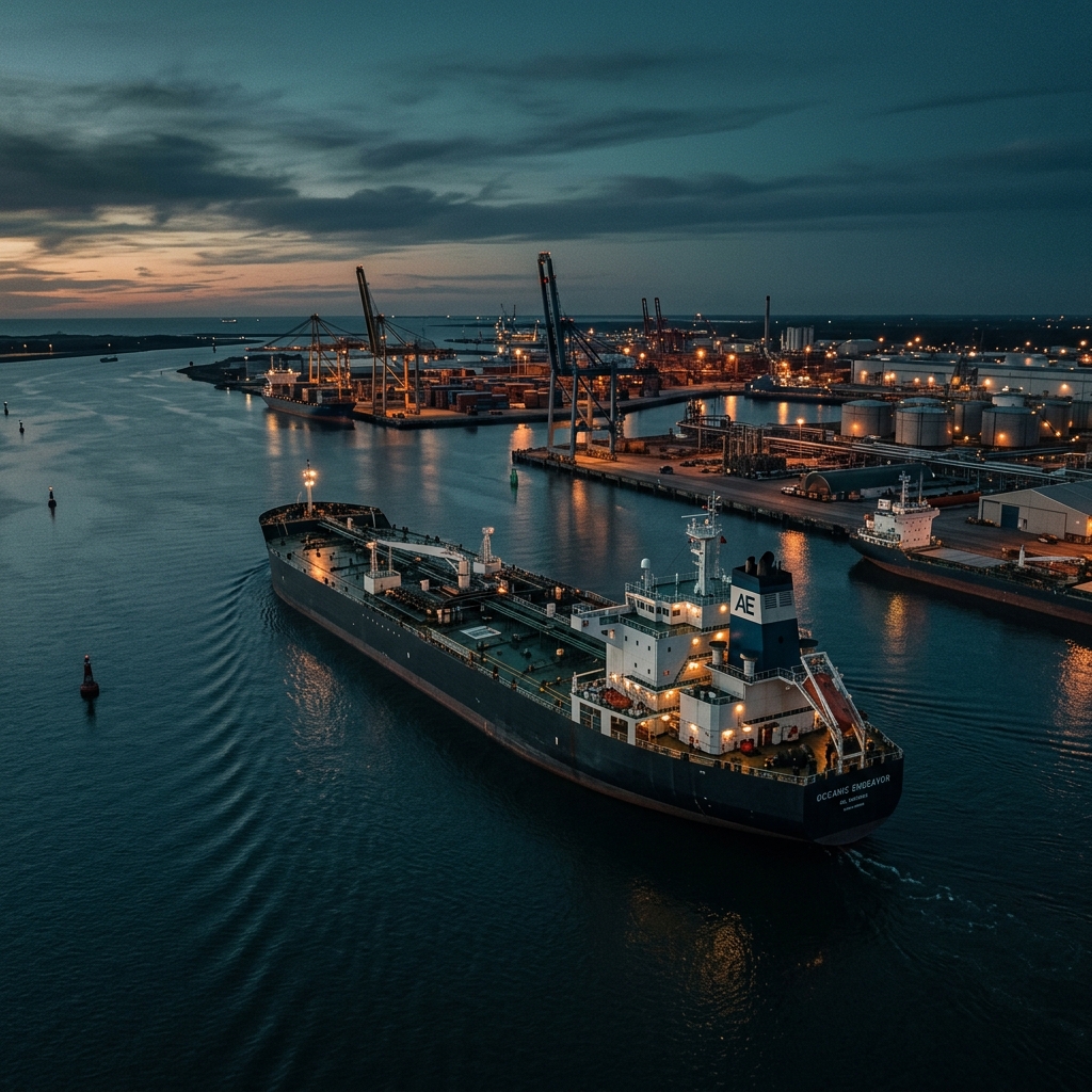 A Suezmax tanker cargo ship navigating near an industrial port at dusk