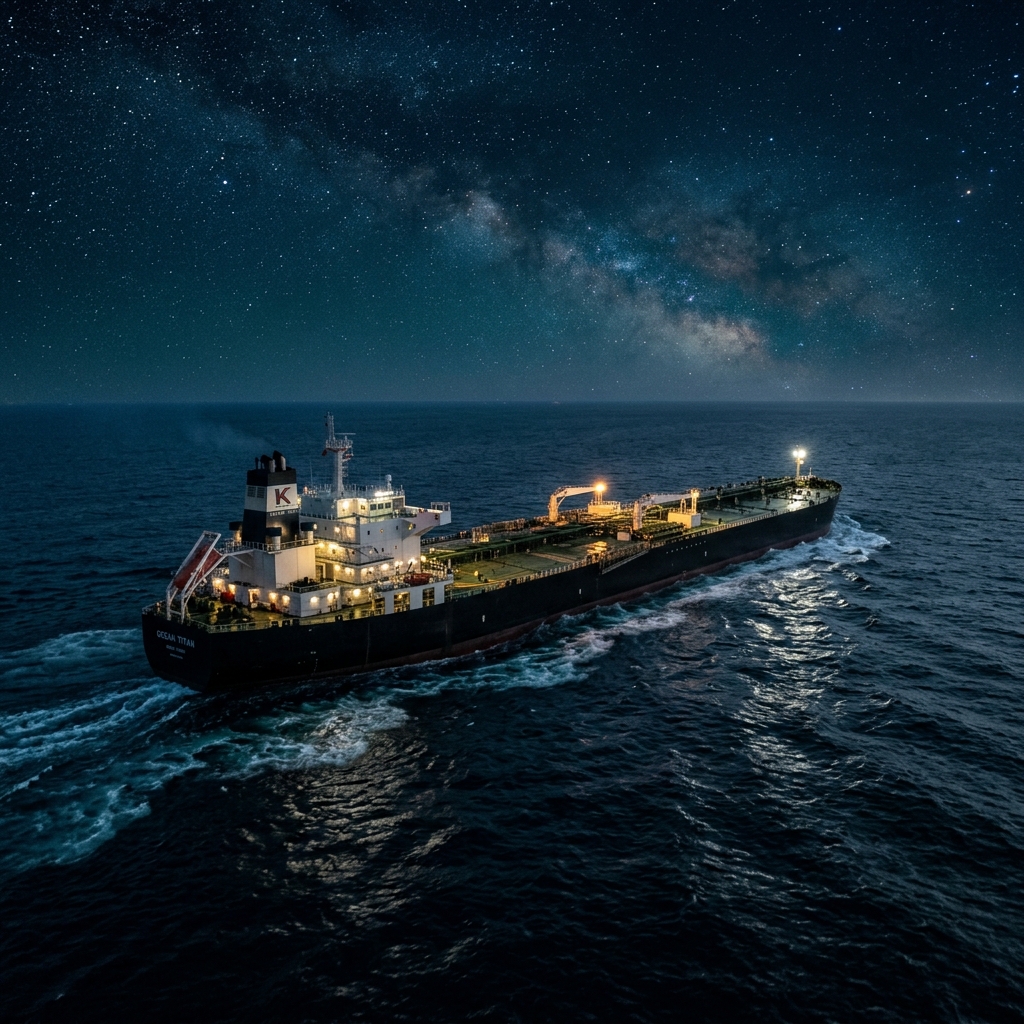 A Very Large Crude Carrier (VLCC) tanker ship sailing in blue oceans under a clear starlit night sky